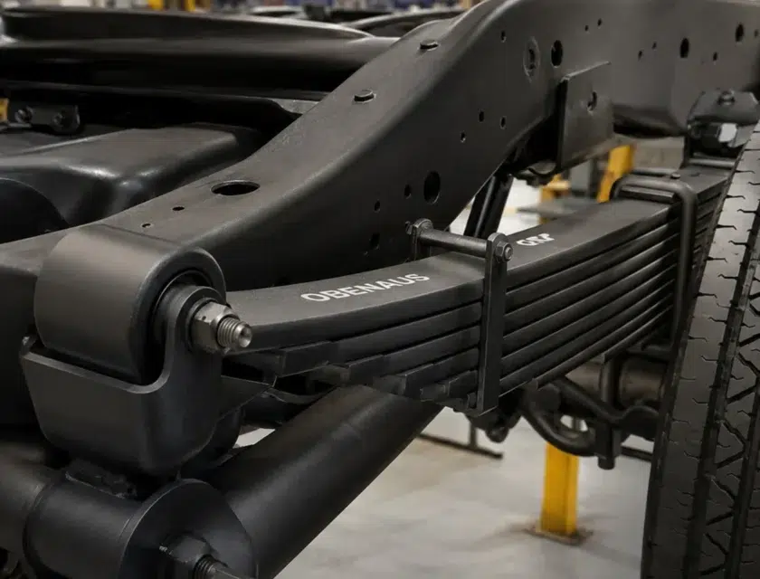 Detalhe de mola Obenaus para caminhões em ambiente industrial